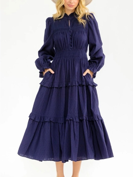 WOMEN’S LONG SLEEVE BUTTON UP ELASTIC WAIST FRONT POCKETS TIERED MIDI DRESS - Picture 6 of 16